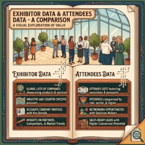 Illustrated comparison of exhibitor data and attendee data for trade show intelligence