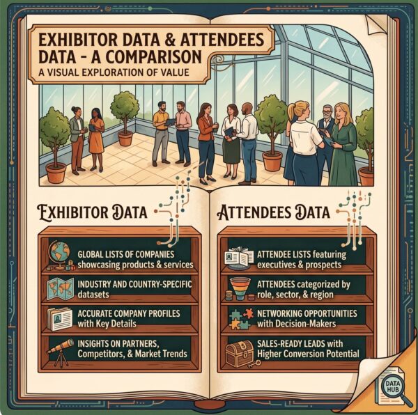 Illustrated comparison of exhibitor data and attendee data for trade show intelligence